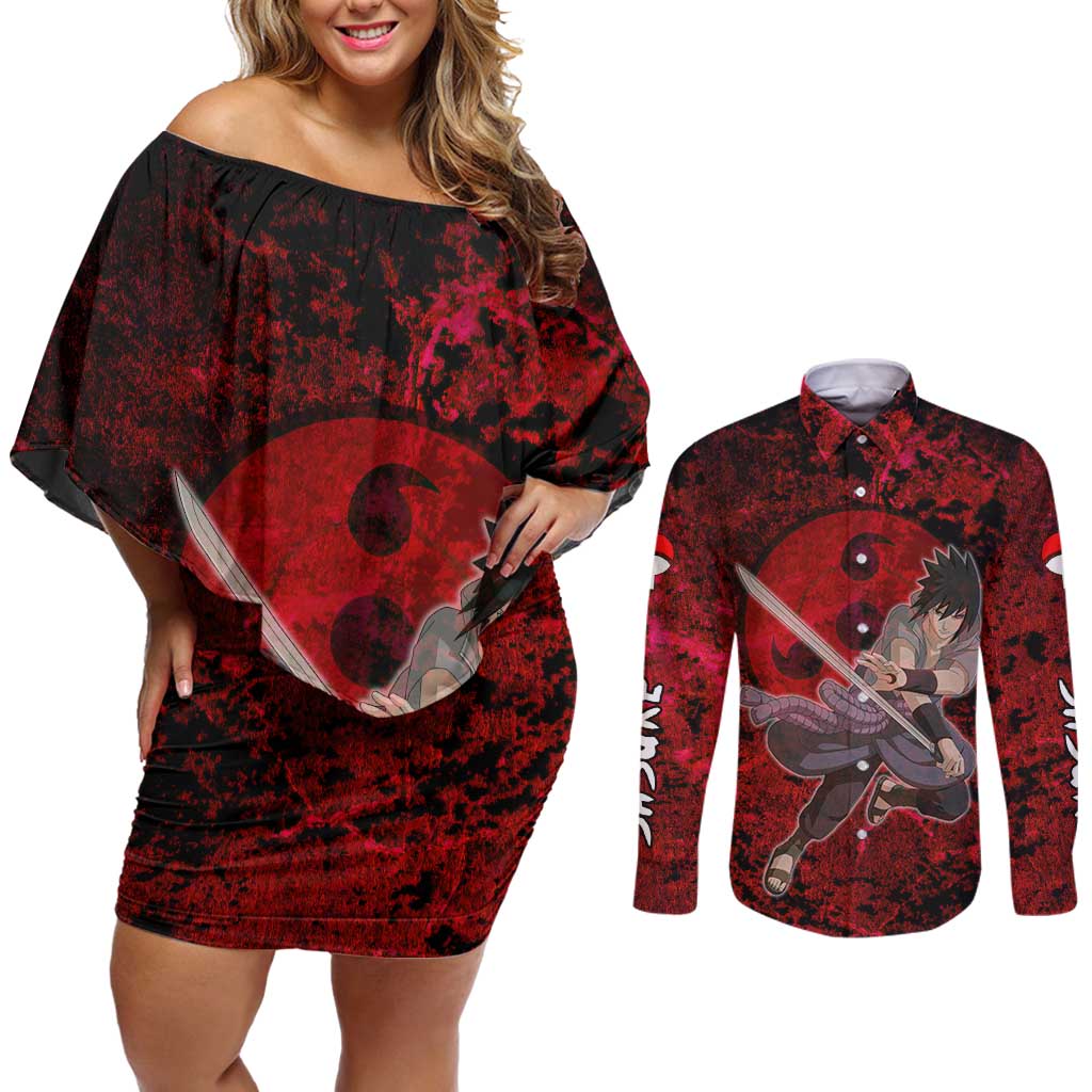 Uchiha Sasuke - Naruto Couples Matching Off Shoulder Short Dress and Long Sleeve Button Shirt Anime Style