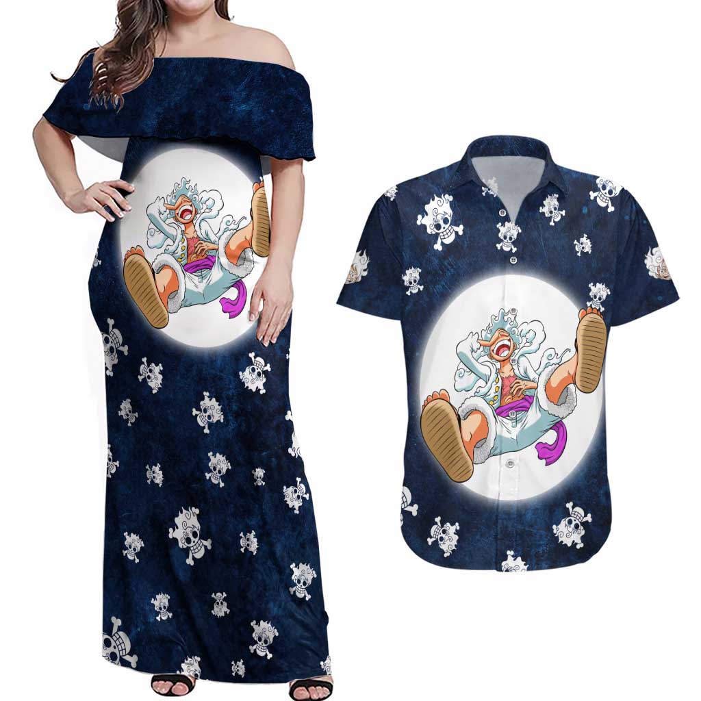 Luffy Gear 5 - One Piece Couples Matching Off Shoulder Maxi Dress and Hawaiian Shirt Anime Style