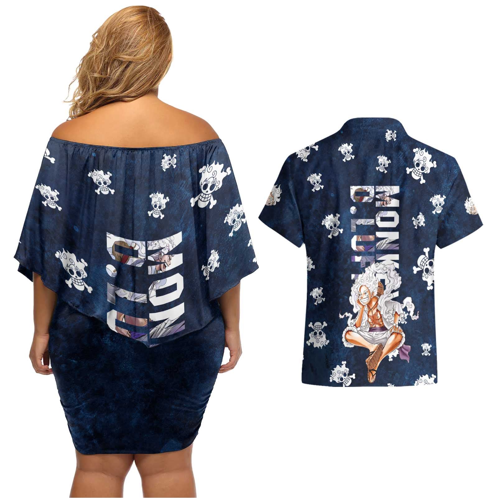 Luffy Gear 5 - One Piece Couples Matching Off Shoulder Short Dress and Hawaiian Shirt Anime Style