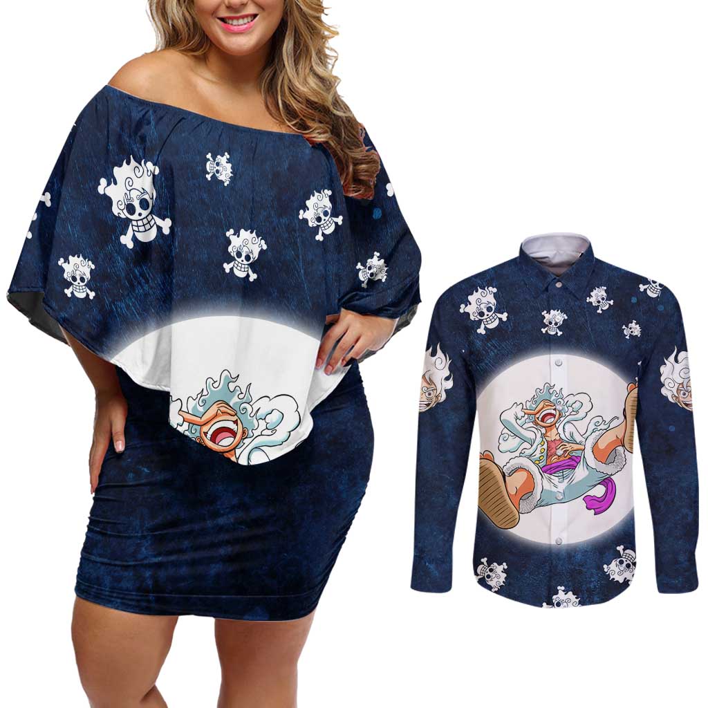 Luffy Gear 5 - One Piece Couples Matching Off Shoulder Short Dress and Long Sleeve Button Shirt Anime Style