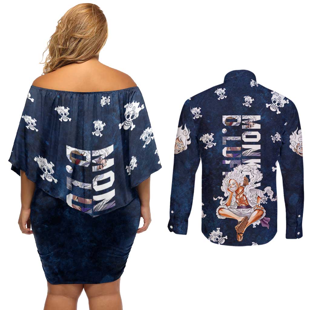 Luffy Gear 5 - One Piece Couples Matching Off Shoulder Short Dress and Long Sleeve Button Shirt Anime Style