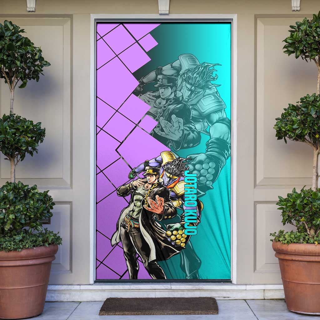 Jotaro Kujo JoJo's Bizarre Adventure Door Cover with Star Platinum Pose and Bold Action Design - The Mazicc