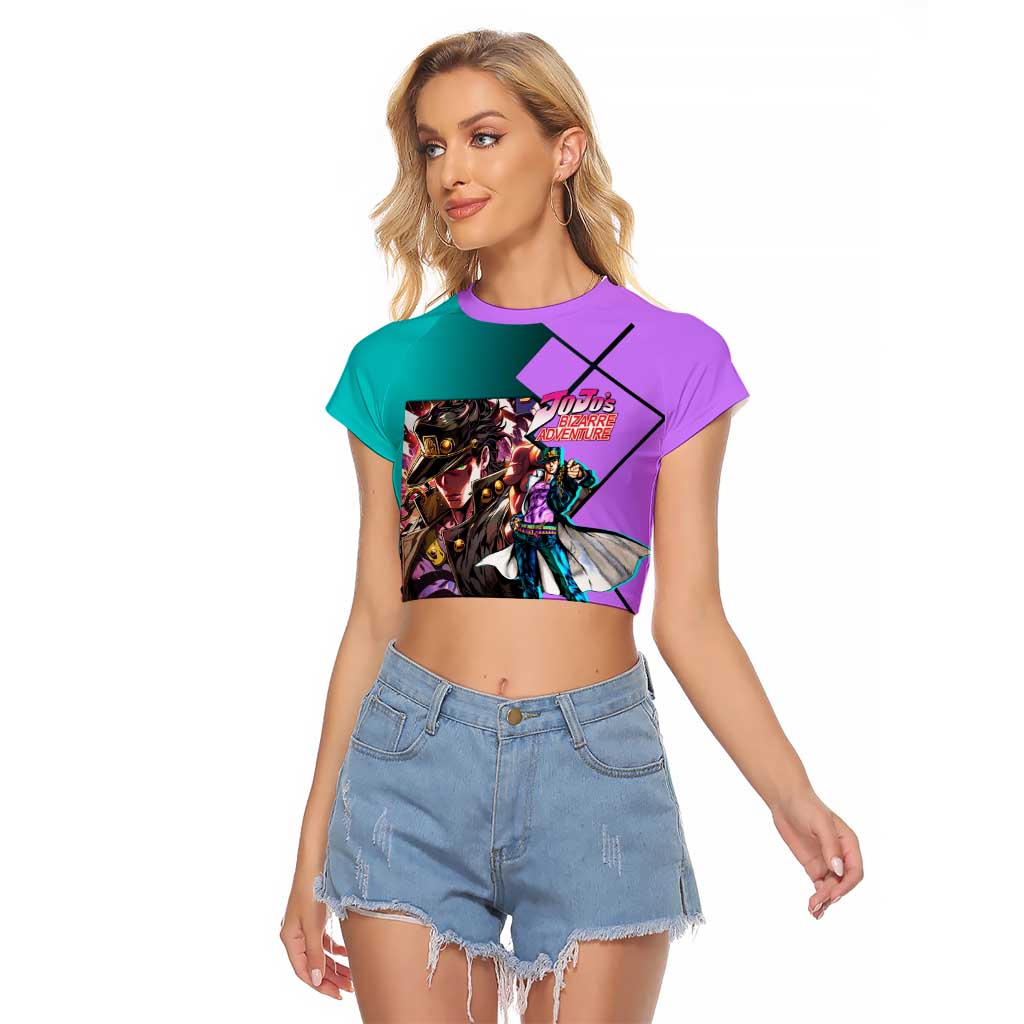 Jotaro Kujo JoJo's Bizarre Adventure Raglan Cropped T Shirt with Star Platinum Pose and Bold Action Design - The Mazicc