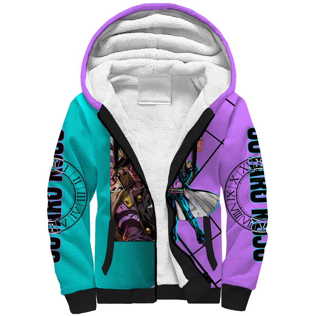 Jotaro Kujo JoJo's Bizarre Adventure Sherpa Hoodie with Star Platinum Pose and Bold Action Design - The Mazicc