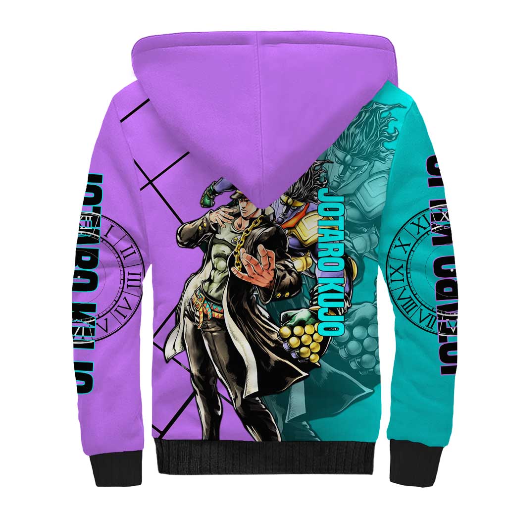 Jotaro Kujo JoJo's Bizarre Adventure Sherpa Hoodie with Star Platinum Pose and Bold Action Design - The Mazicc