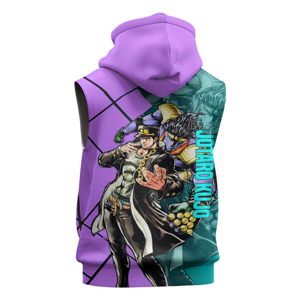 Jotaro Kujo JoJo's Bizarre Adventure Sleeveless Hoodie with Star Platinum Pose and Bold Action Design - The Mazicc