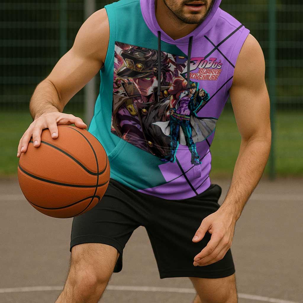 Jotaro Kujo JoJo's Bizarre Adventure Sleeveless Hoodie with Star Platinum Pose and Bold Action Design - The Mazicc