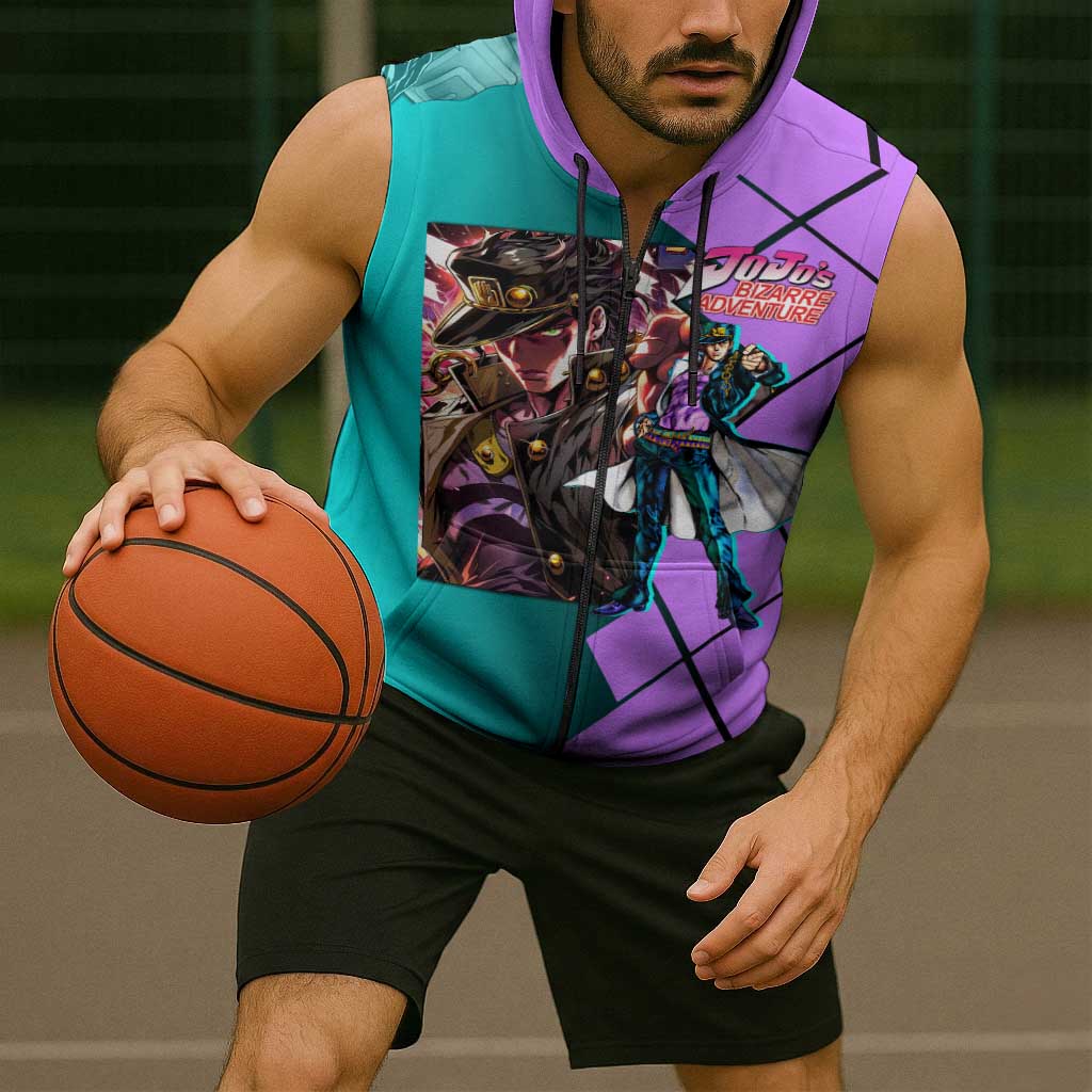 Jotaro Kujo JoJo's Bizarre Adventure Sleeveless Zip Hoodie with Star Platinum Pose and Bold Action Design - The Mazicc