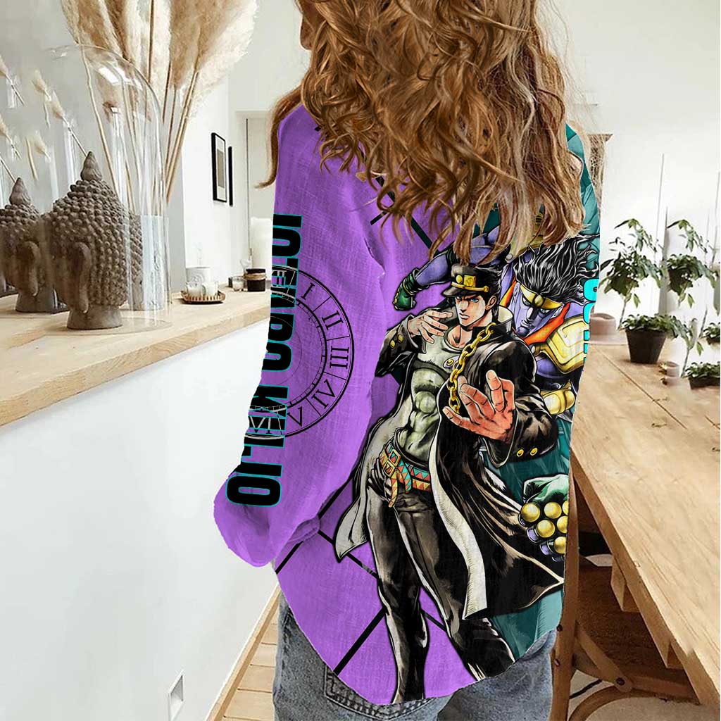 Jotaro Kujo JoJo's Bizarre Adventure Women Casual Shirt with Star Platinum Pose and Bold Action Design - The Mazicc
