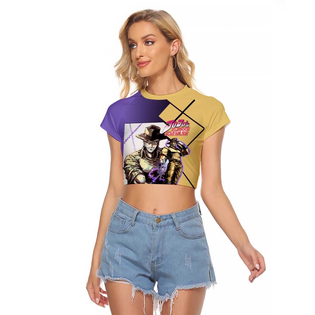 Joseph Joestar JoJo's Bizarre Adventure Raglan Cropped T Shirt with Hamon Pose and Strategic Battle Design - The Mazicc