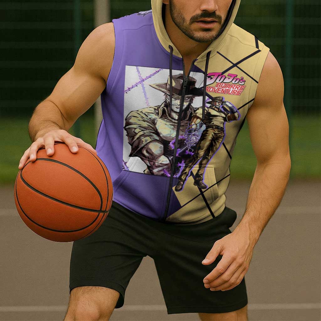 Joseph Joestar JoJo's Bizarre Adventure Sleeveless Zip Hoodie with Hamon Pose and Strategic Battle Design - The Mazicc