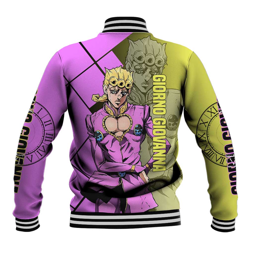 Giorno Giovanna JoJo's Bizarre Adventure Baseball Jacket with Gold Experience Pose and Stylish Stand Design - The Mazicc