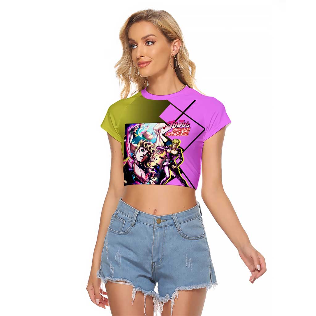 Giorno Giovanna JoJo's Bizarre Adventure Raglan Cropped T Shirt with Gold Experience Pose and Stylish Stand Design - The Mazicc