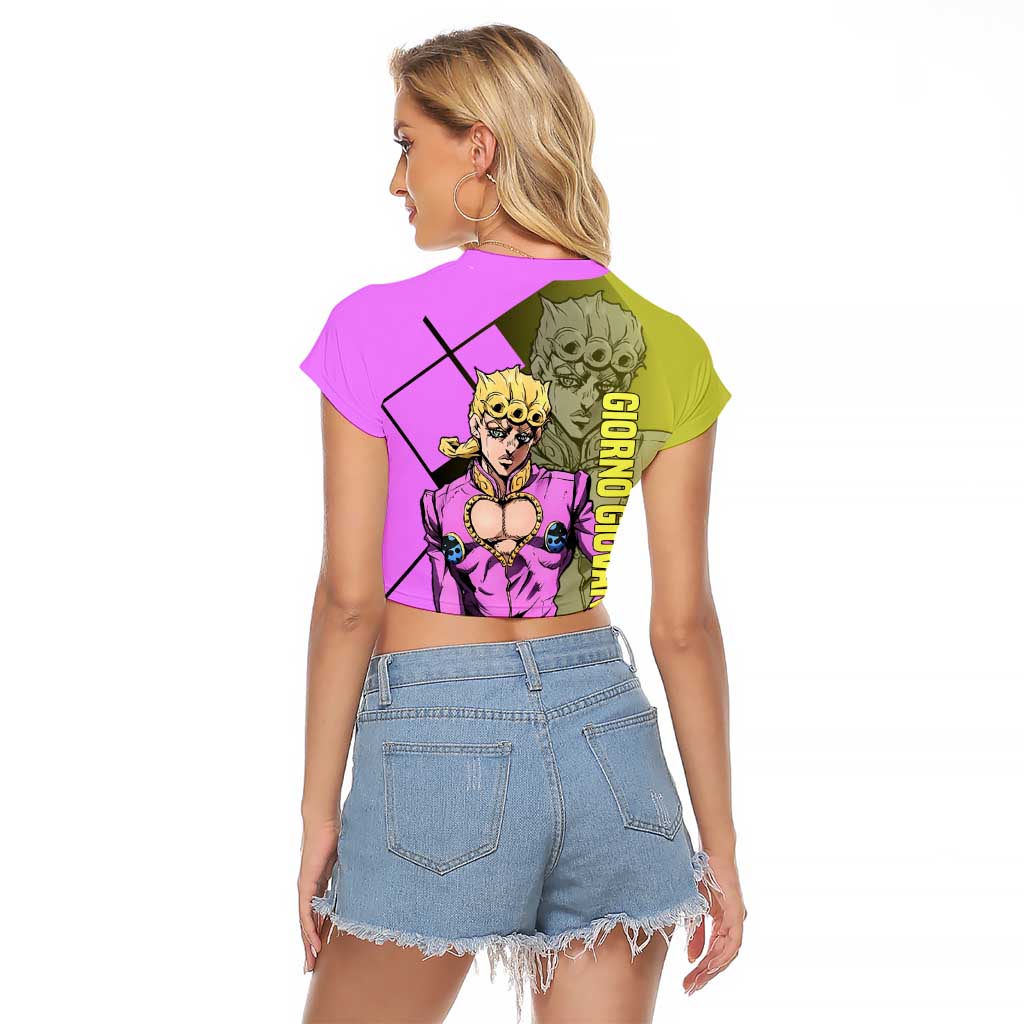 Giorno Giovanna JoJo's Bizarre Adventure Raglan Cropped T Shirt with Gold Experience Pose and Stylish Stand Design - The Mazicc