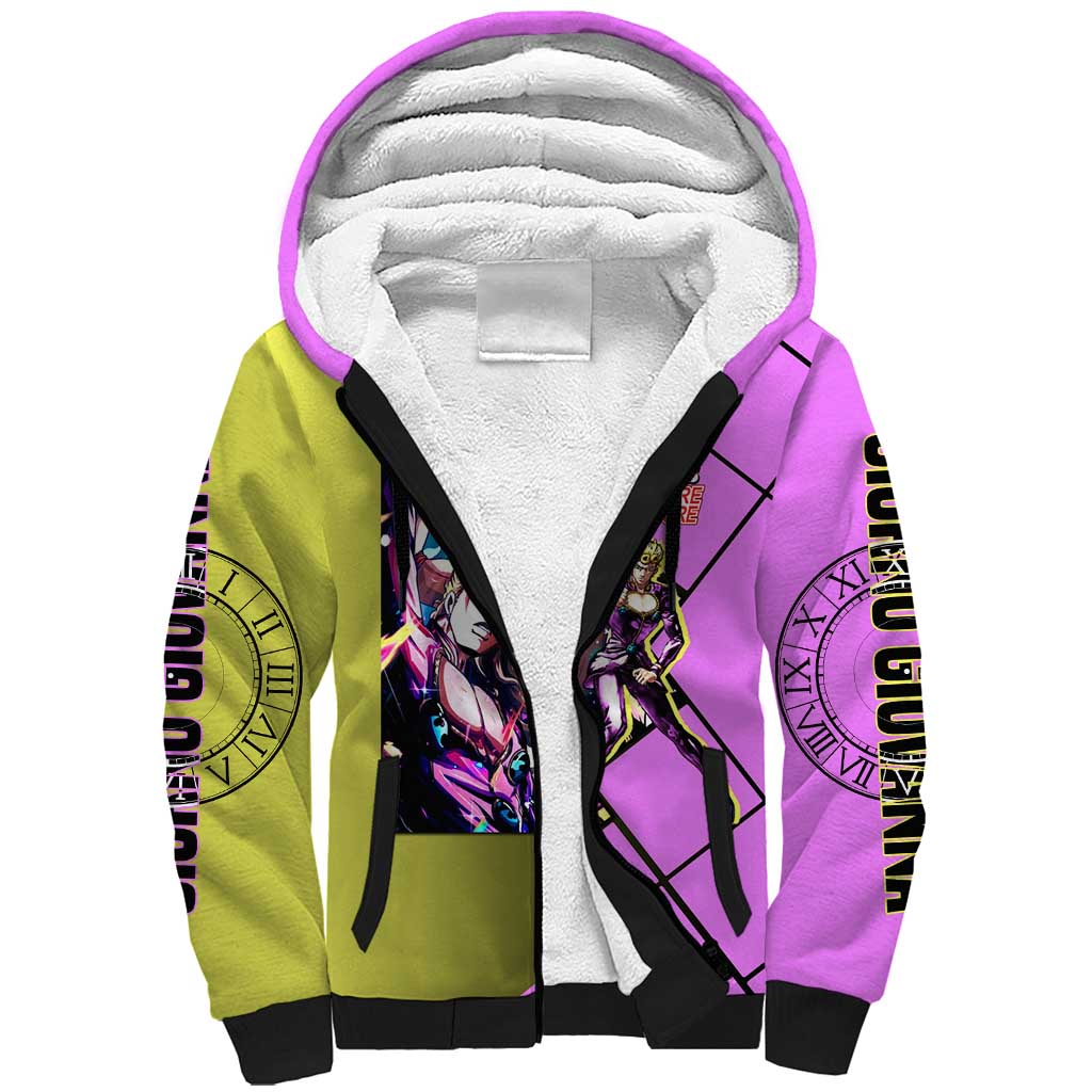 Giorno Giovanna JoJo's Bizarre Adventure Sherpa Hoodie with Gold Experience Pose and Stylish Stand Design - The Mazicc