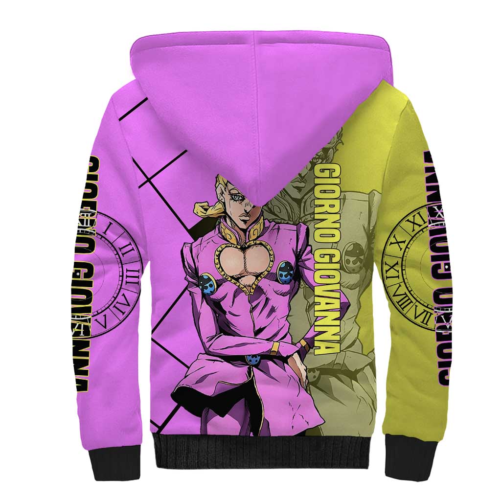 Giorno Giovanna JoJo's Bizarre Adventure Sherpa Hoodie with Gold Experience Pose and Stylish Stand Design - The Mazicc