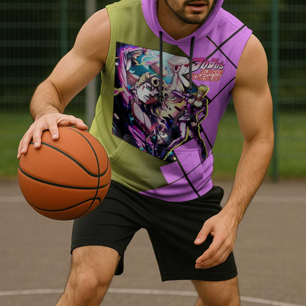 Giorno Giovanna JoJo's Bizarre Adventure Sleeveless Hoodie with Gold Experience Pose and Stylish Stand Design - The Mazicc