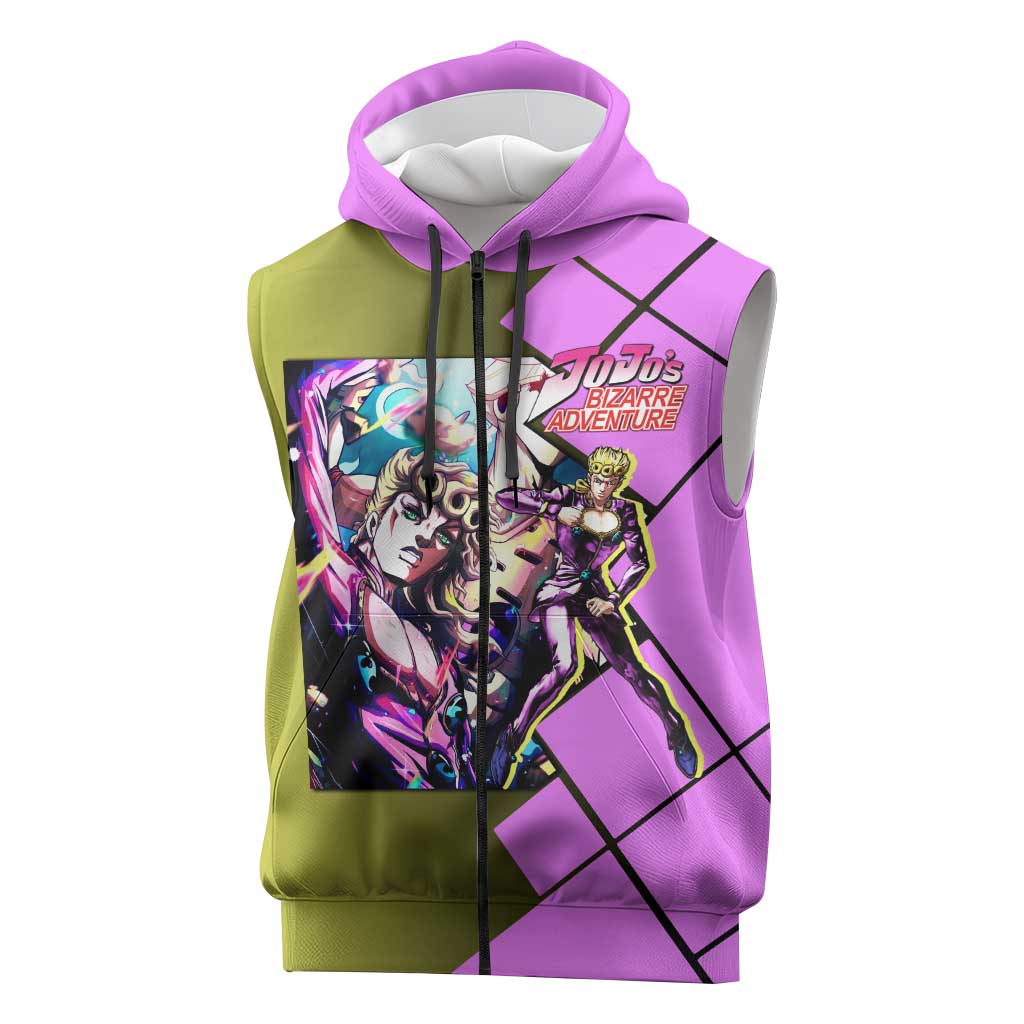 Giorno Giovanna JoJo's Bizarre Adventure Sleeveless Zip Hoodie with Gold Experience Pose and Stylish Stand Design - The Mazicc