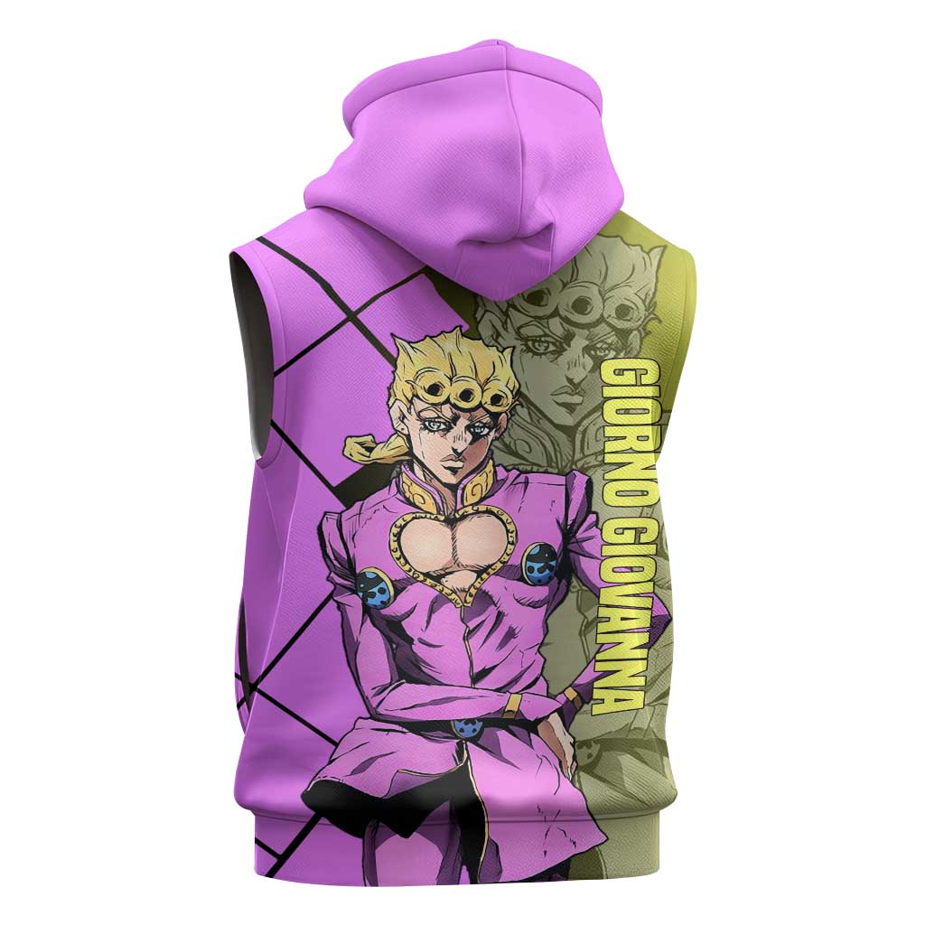 Giorno Giovanna JoJo's Bizarre Adventure Sleeveless Zip Hoodie with Gold Experience Pose and Stylish Stand Design - The Mazicc