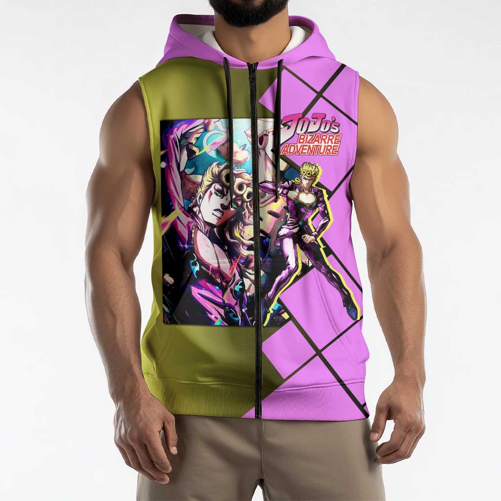 Giorno Giovanna JoJo's Bizarre Adventure Sleeveless Zip Hoodie with Gold Experience Pose and Stylish Stand Design - The Mazicc