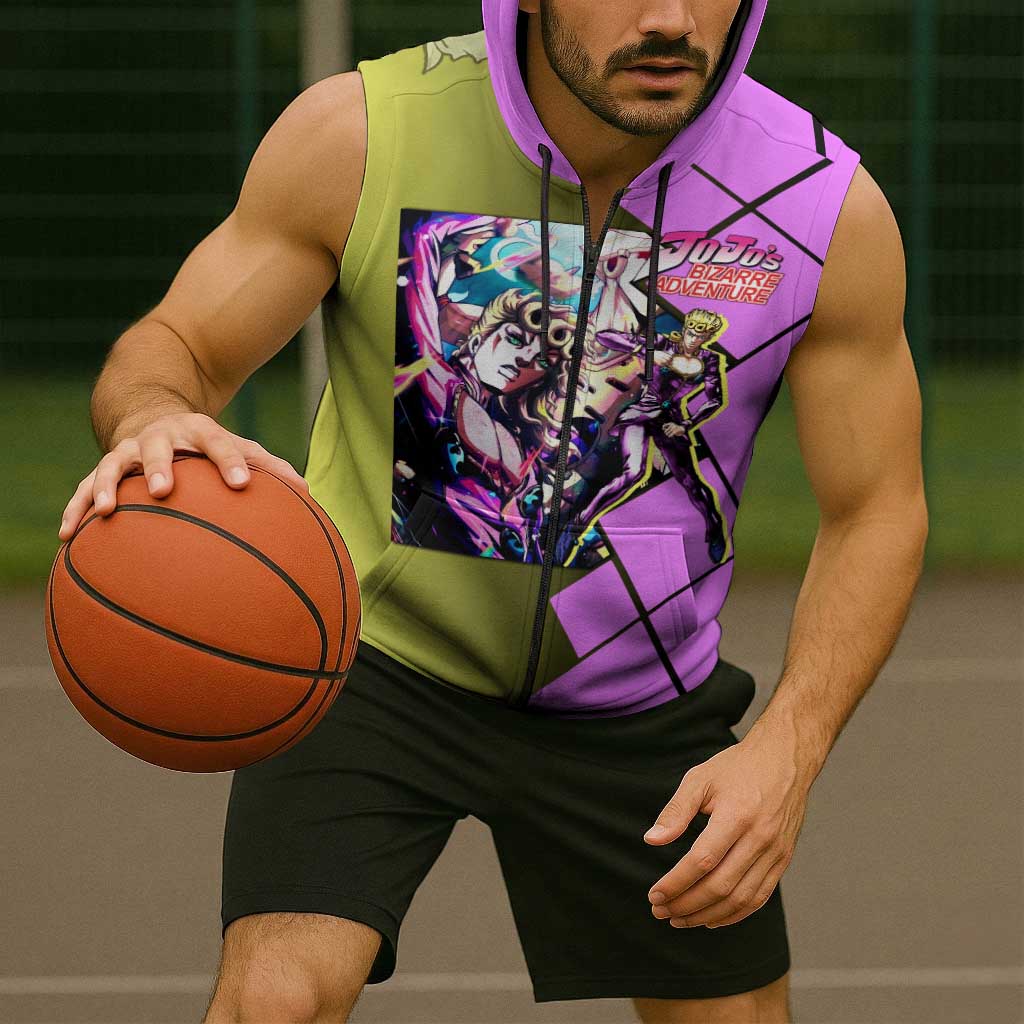 Giorno Giovanna JoJo's Bizarre Adventure Sleeveless Zip Hoodie with Gold Experience Pose and Stylish Stand Design - The Mazicc