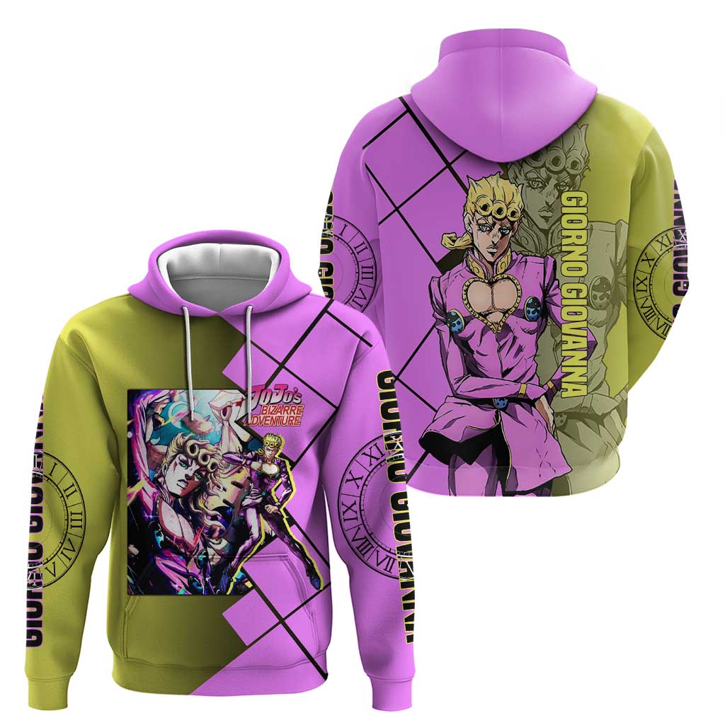 Giorno Giovanna JoJo's Bizarre Adventure Zip Hoodie with Gold Experience Pose and Stylish Stand Design - The Mazicc