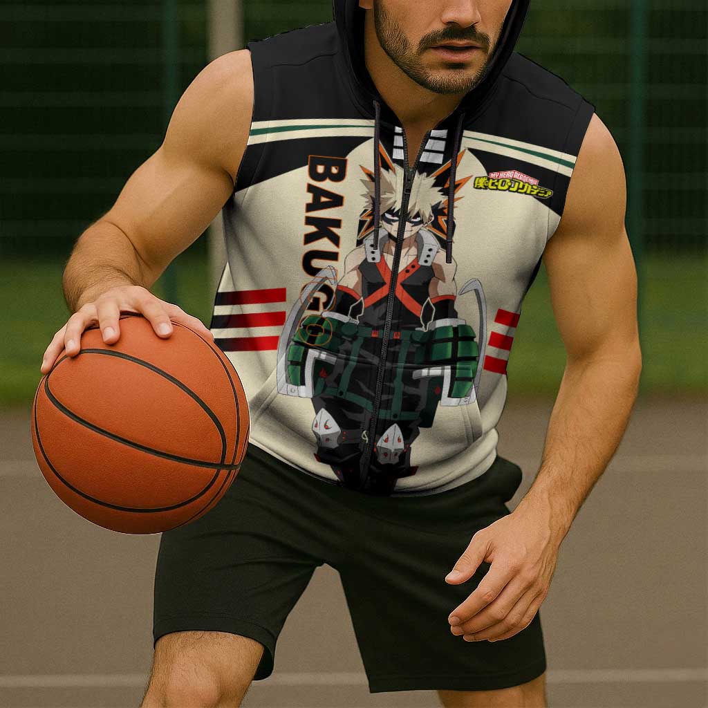 Katsuki Bakugo My Hero Academia Sleeveless Zip Hoodie with Explosion Quirk and Dynamic Action Design - The Mazicc
