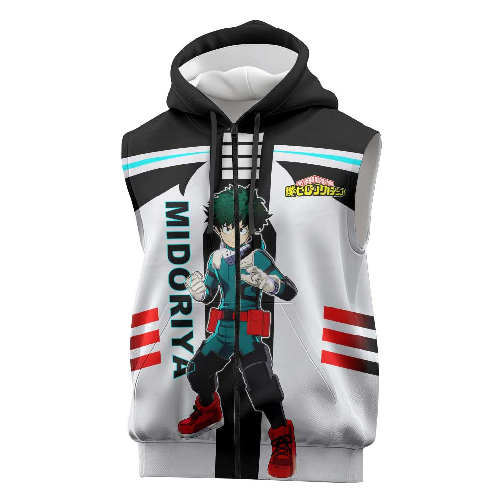 Izuku Midoriya My Hero Academia Sleeveless Zip Hoodie with One For All Quirk and Heroic Action Design - The Mazicc