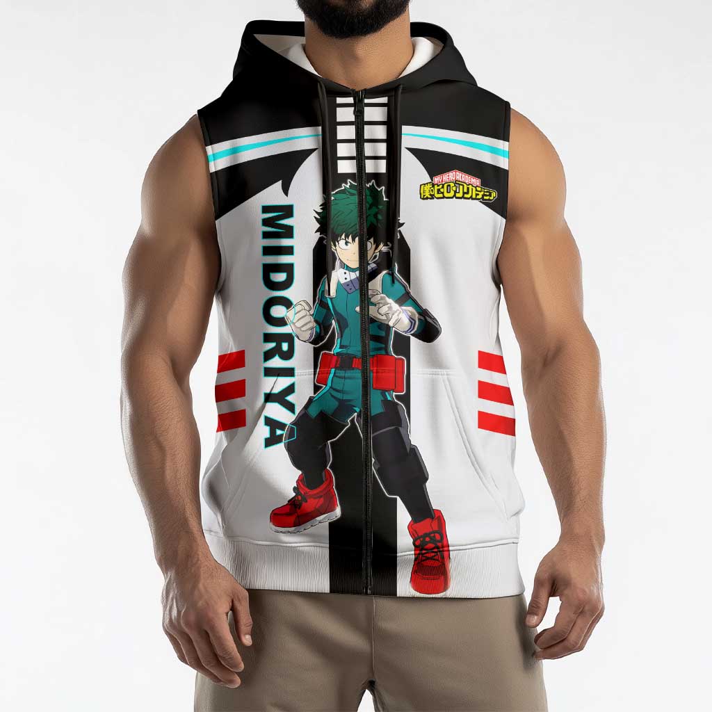 Izuku Midoriya My Hero Academia Sleeveless Zip Hoodie with One For All Quirk and Heroic Action Design - The Mazicc