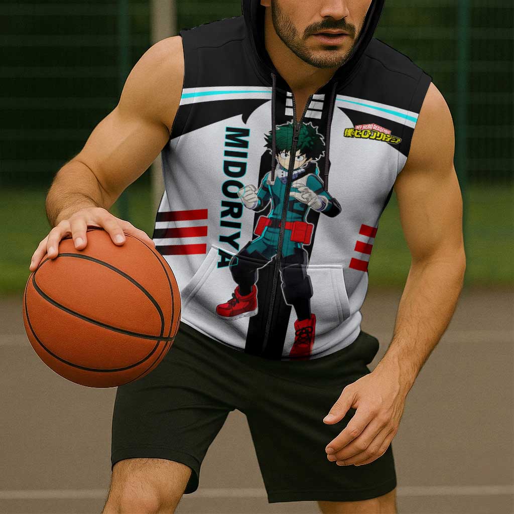 Izuku Midoriya My Hero Academia Sleeveless Zip Hoodie with One For All Quirk and Heroic Action Design - The Mazicc