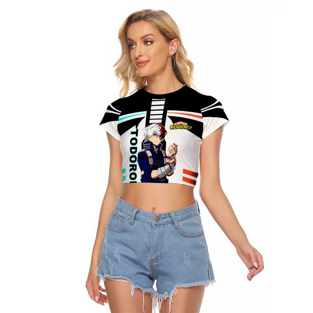 Shoto Todoroki My Hero Academia Raglan Cropped T Shirt with Fire and Ice Quirk and Dynamic Hero Pose Design - The Mazicc
