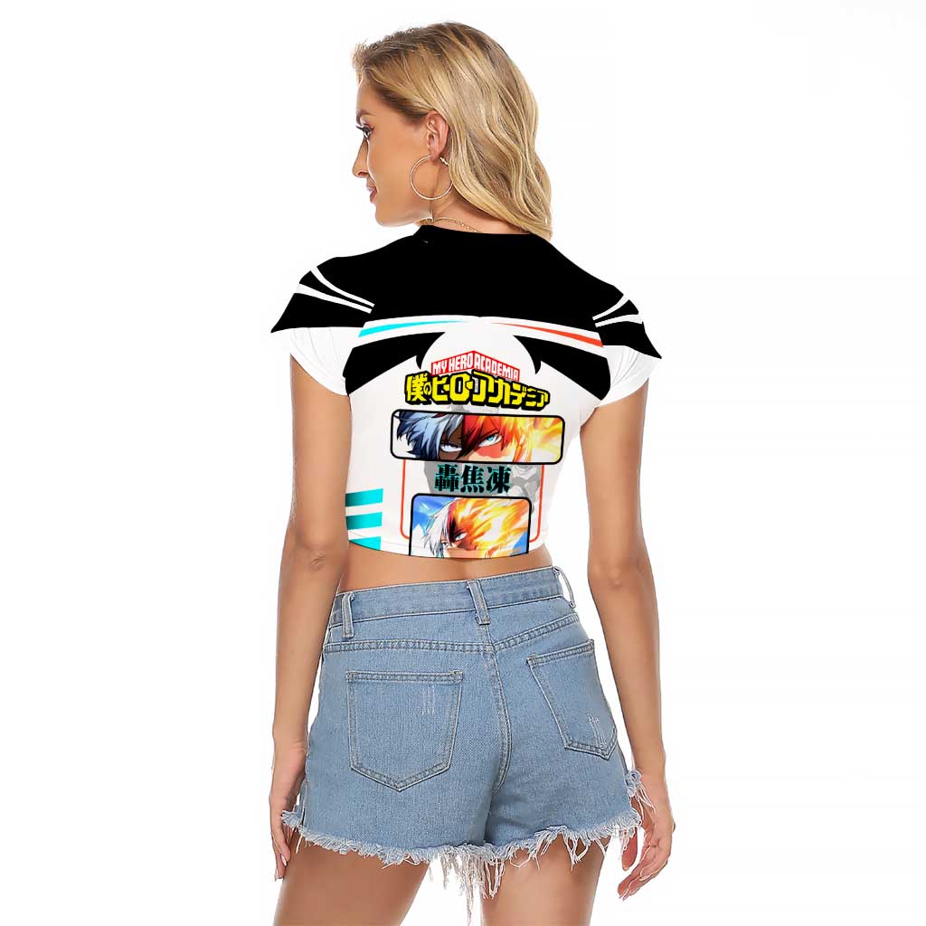 Shoto Todoroki My Hero Academia Raglan Cropped T Shirt with Fire and Ice Quirk and Dynamic Hero Pose Design - The Mazicc