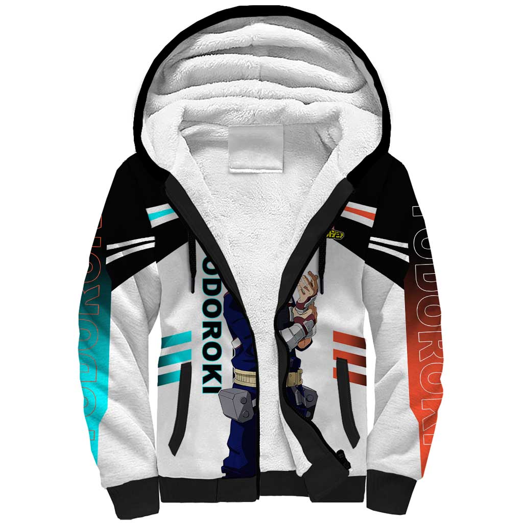 Shoto Todoroki My Hero Academia Sherpa Hoodie with Fire and Ice Quirk and Dynamic Hero Pose Design - The Mazicc