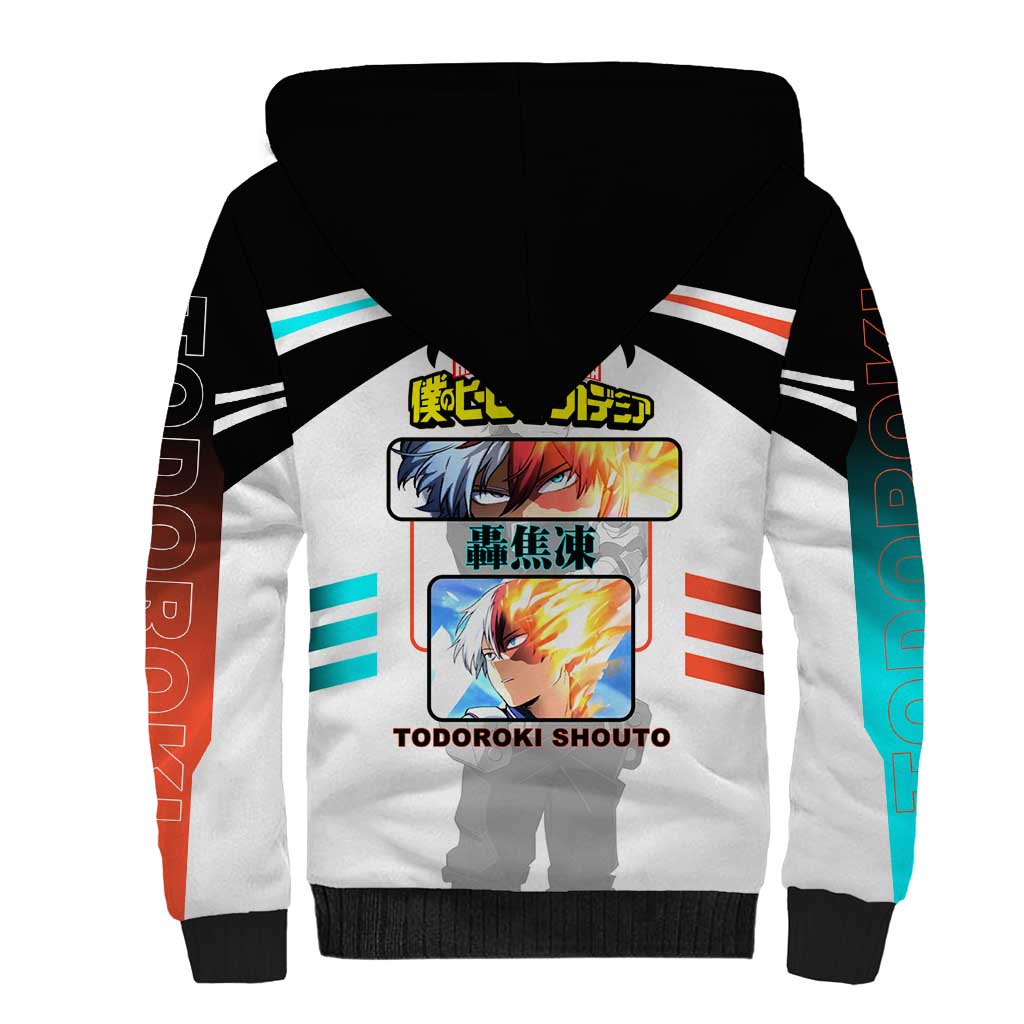 Shoto Todoroki My Hero Academia Sherpa Hoodie with Fire and Ice Quirk and Dynamic Hero Pose Design - The Mazicc