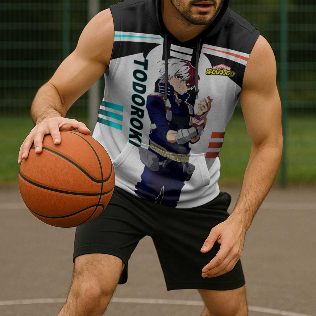 Shoto Todoroki My Hero Academia Sleeveless Hoodie with Fire and Ice Quirk and Dynamic Hero Pose Design - The Mazicc