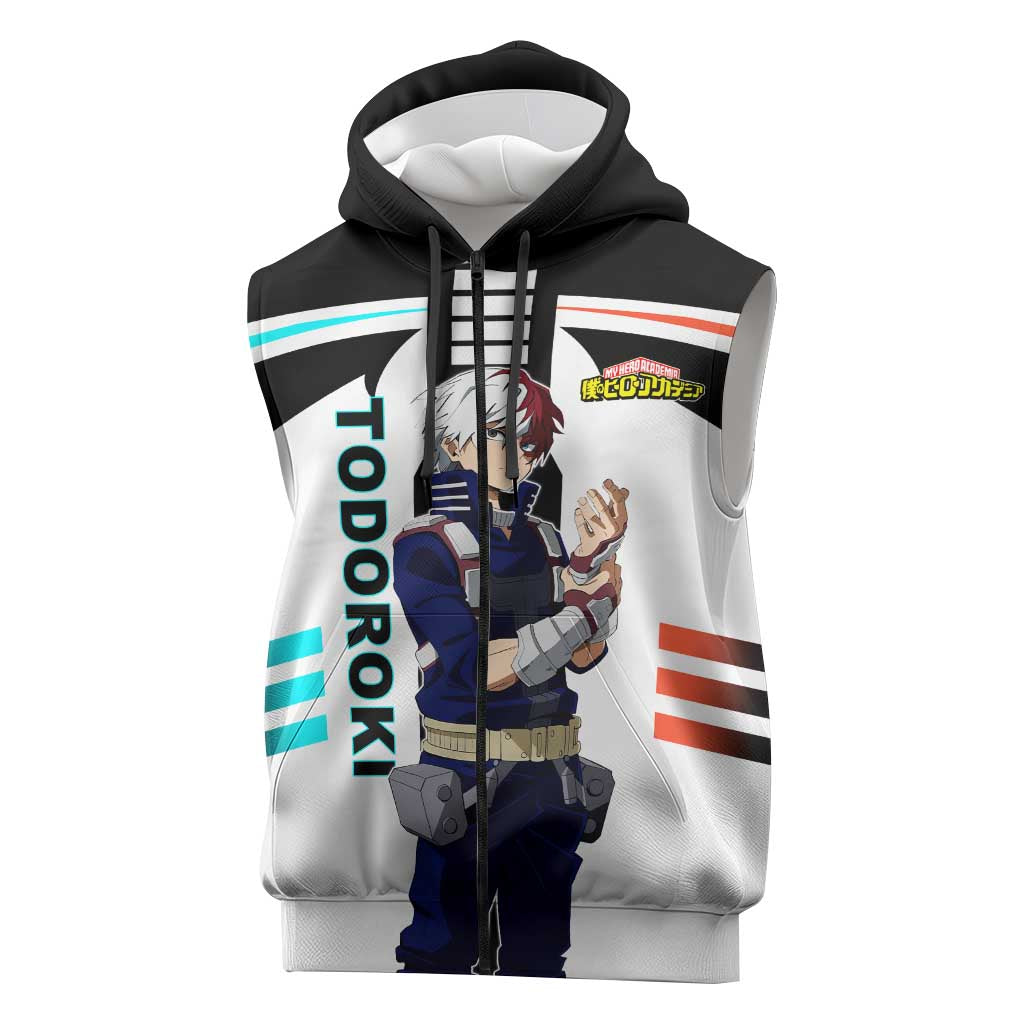 Shoto Todoroki My Hero Academia Sleeveless Zip Hoodie with Fire and Ice Quirk and Dynamic Hero Pose Design - The Mazicc