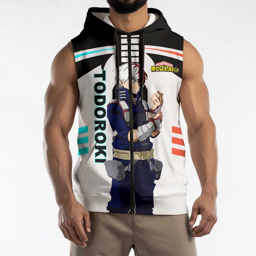 Shoto Todoroki My Hero Academia Sleeveless Zip Hoodie with Fire and Ice Quirk and Dynamic Hero Pose Design - The Mazicc