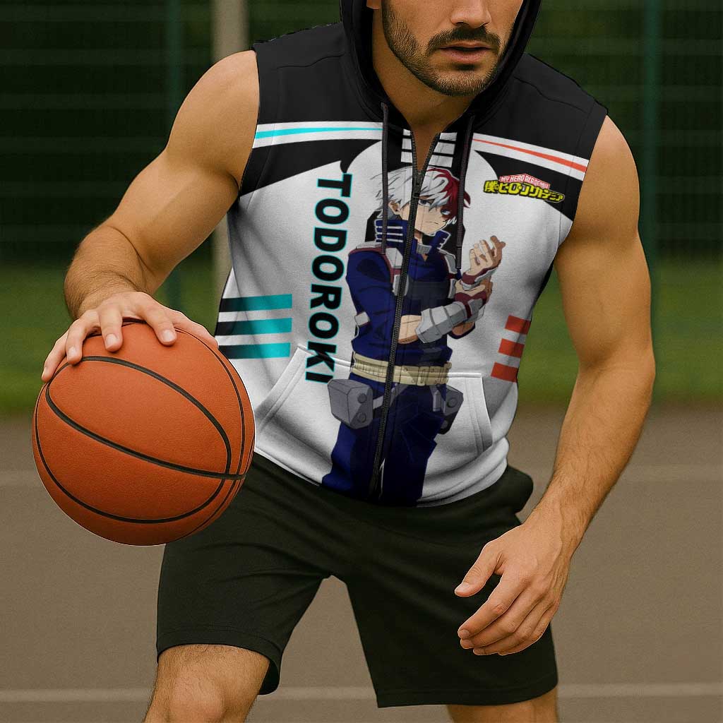 Shoto Todoroki My Hero Academia Sleeveless Zip Hoodie with Fire and Ice Quirk and Dynamic Hero Pose Design - The Mazicc