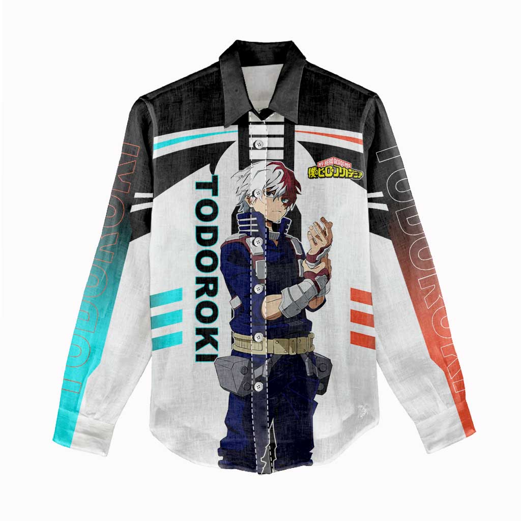 Shoto Todoroki My Hero Academia Women Casual Shirt with Fire and Ice Quirk and Dynamic Hero Pose Design - The Mazicc