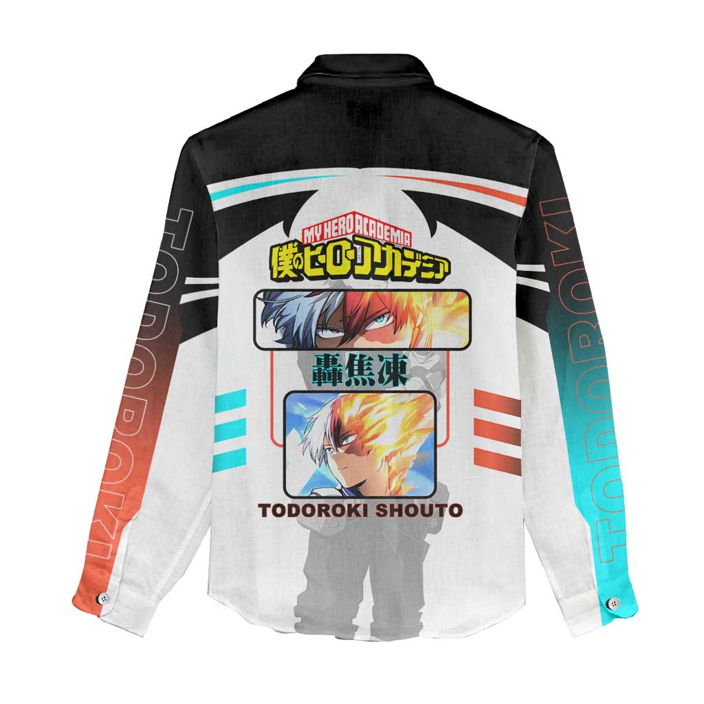 Shoto Todoroki My Hero Academia Women Casual Shirt with Fire and Ice Quirk and Dynamic Hero Pose Design - The Mazicc
