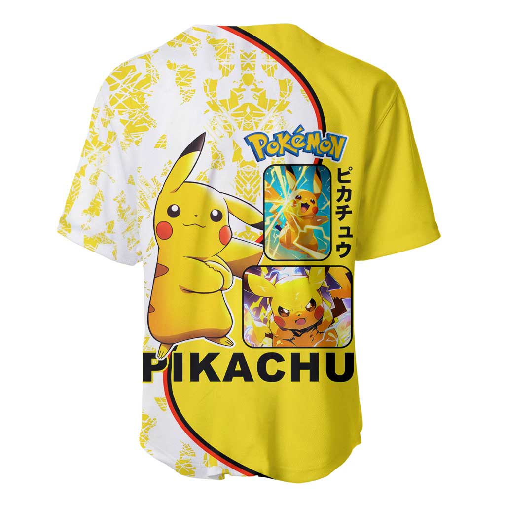 Pikachu Baseball Jersey with Electric Type and Energetic Lightning Pose Design - The Mazicc