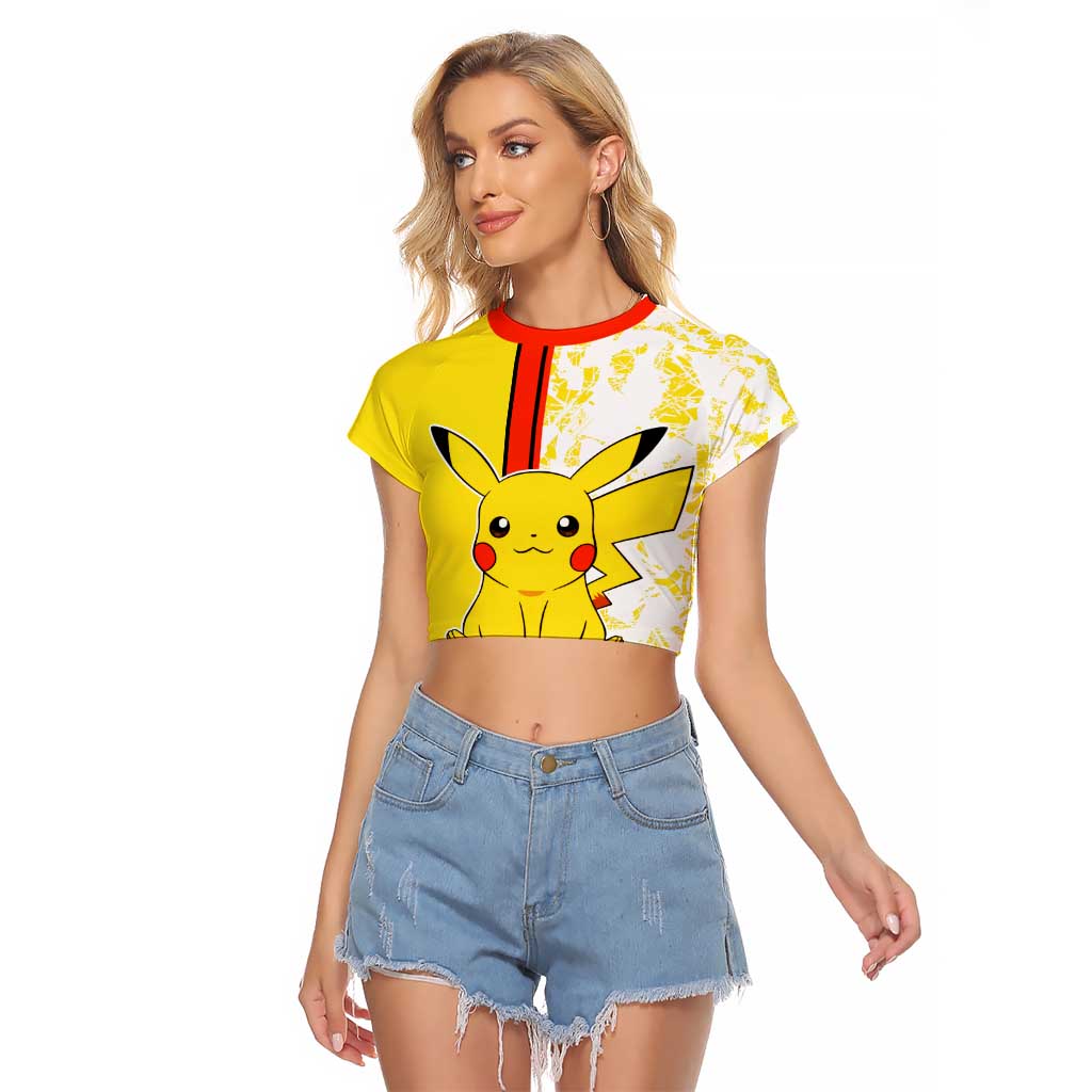 Pikachu Raglan Cropped T Shirt with Electric Type and Energetic Lightning Pose Design - The Mazicc