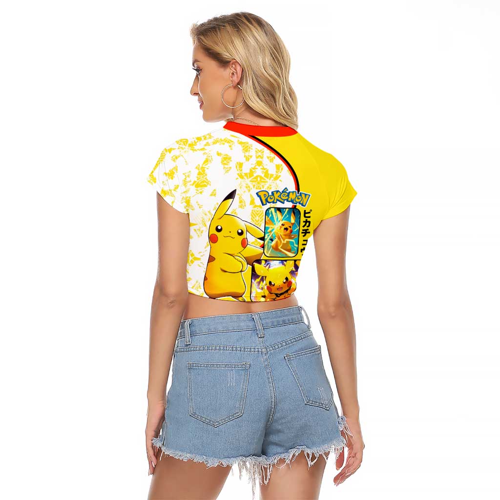 Pikachu Raglan Cropped T Shirt with Electric Type and Energetic Lightning Pose Design - The Mazicc