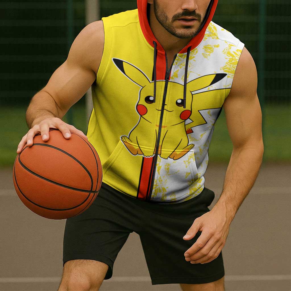Pikachu Sleeveless Zip Hoodie with Electric Type and Energetic Lightning Pose Design - The Mazicc