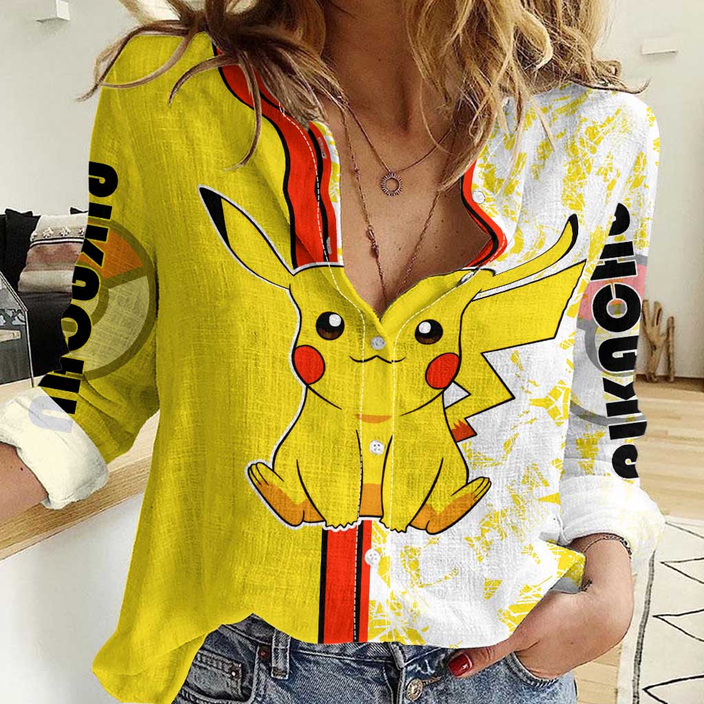 Pikachu Women Casual Shirt with Electric Type and Energetic Lightning Pose Design - The Mazicc