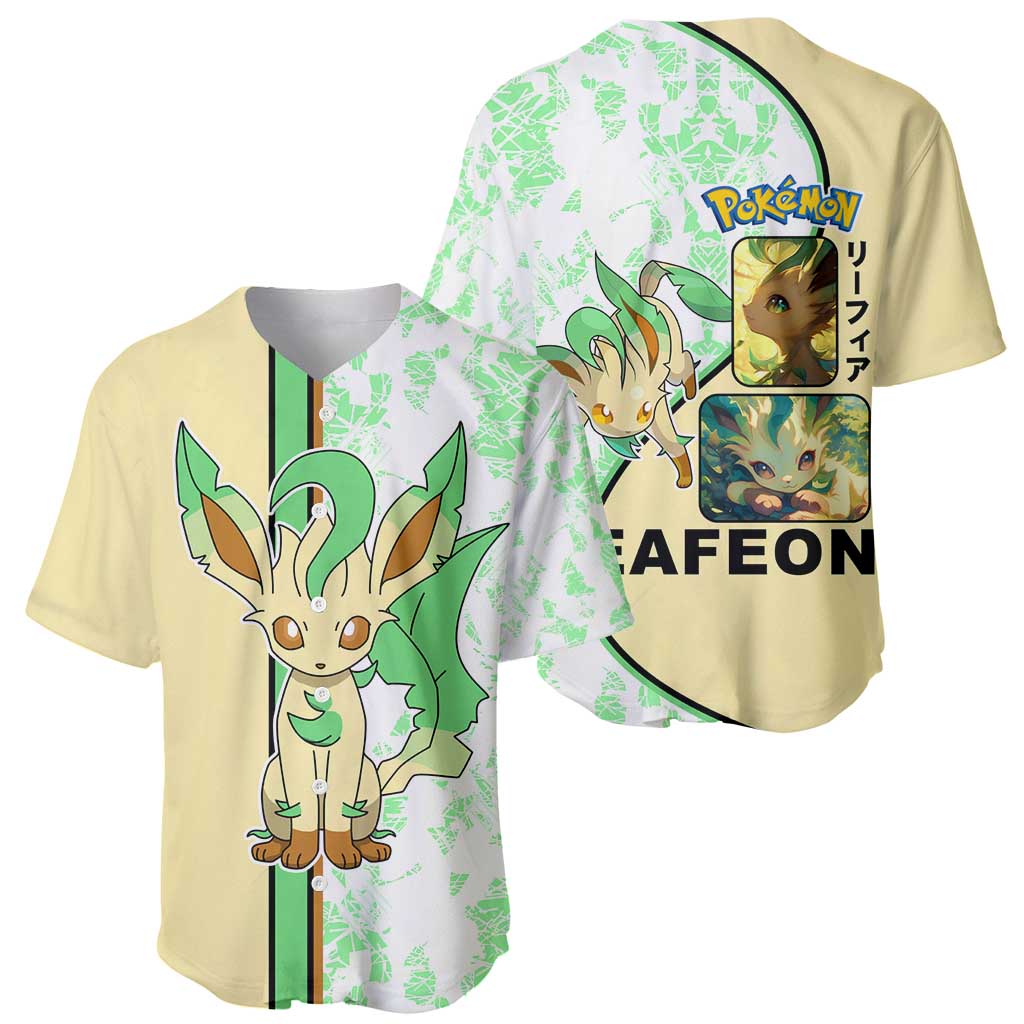 Leafeon Baseball Jersey with Grass Type and Leafy Nature Pose Design - The Mazicc