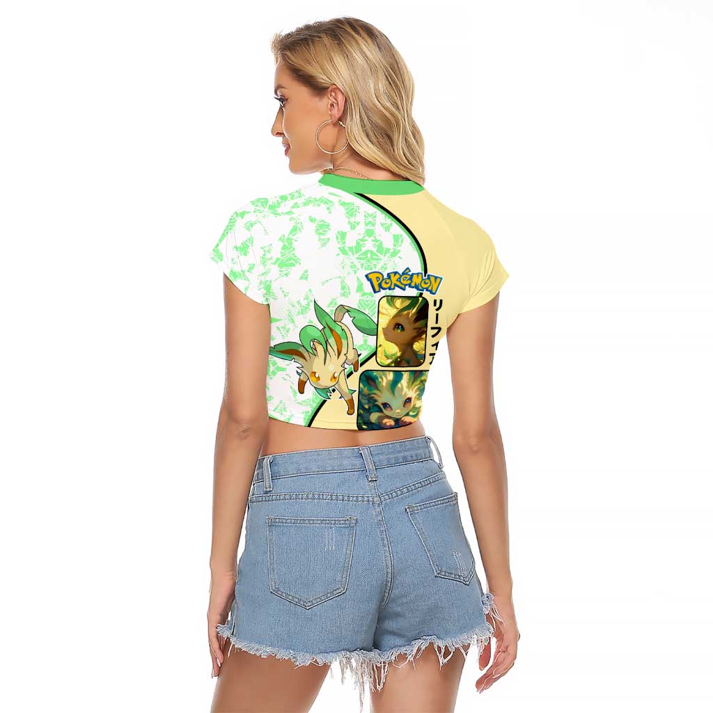 Leafeon Raglan Cropped T Shirt with Grass Type and Leafy Nature Pose Design - The Mazicc
