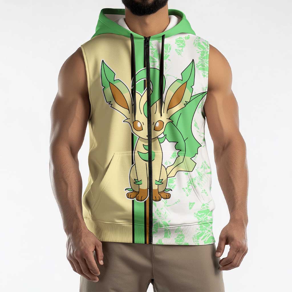 Leafeon Sleeveless Zip Hoodie with Grass Type and Leafy Nature Pose Design - The Mazicc