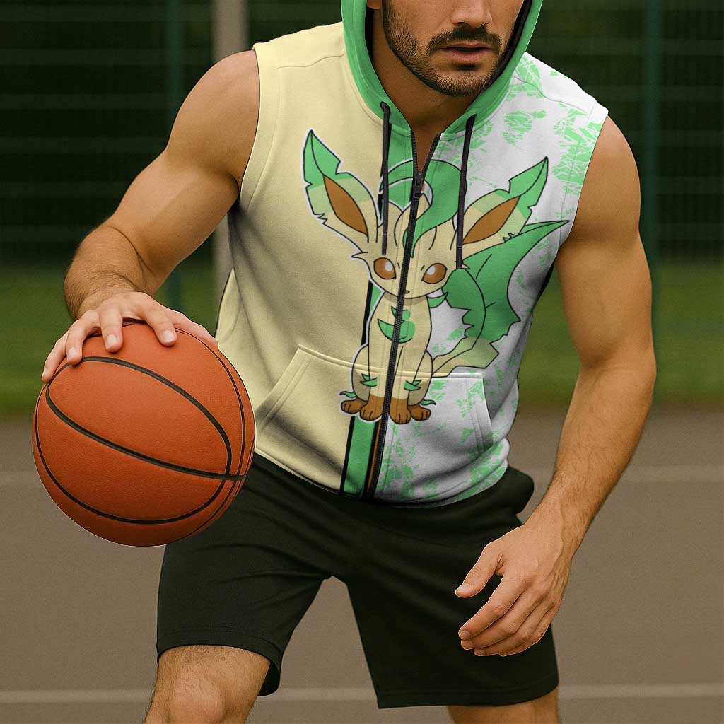 Leafeon Sleeveless Zip Hoodie with Grass Type and Leafy Nature Pose Design - The Mazicc