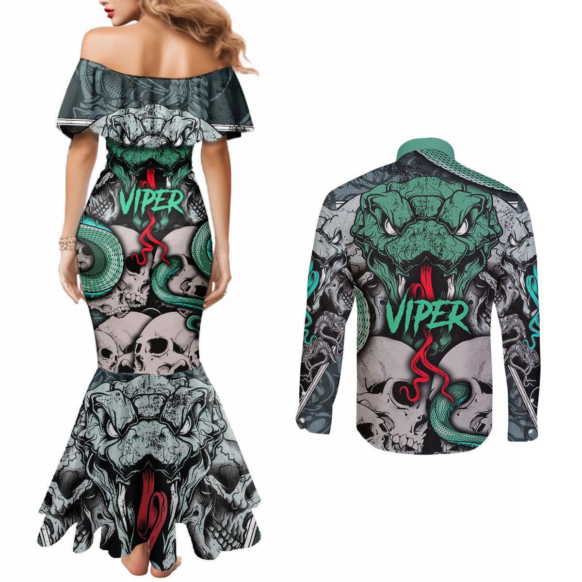 infernal-trio-couples-matching-mermaid-dress-and-long-sleeve-button-shirts-skull-viper-and-sinister-snake